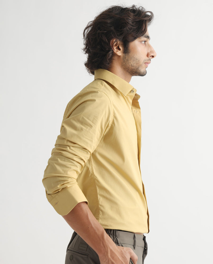 Rare Rabbit Men's Neutons Light Yellow Cotton Plain Regular Fit Full Sleeve Collared Shirt