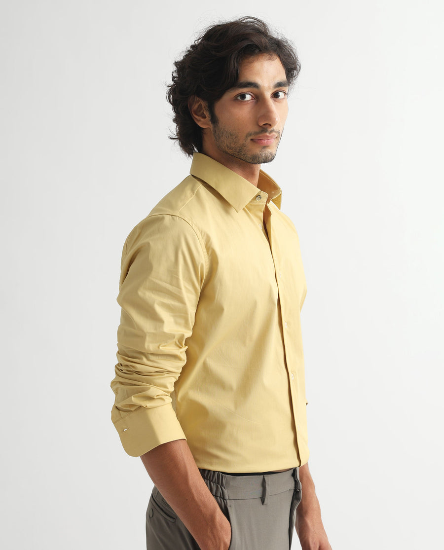 Rare Rabbit Men's Neutons Light Yellow Cotton Plain Regular Fit Full Sleeve Collared Shirt