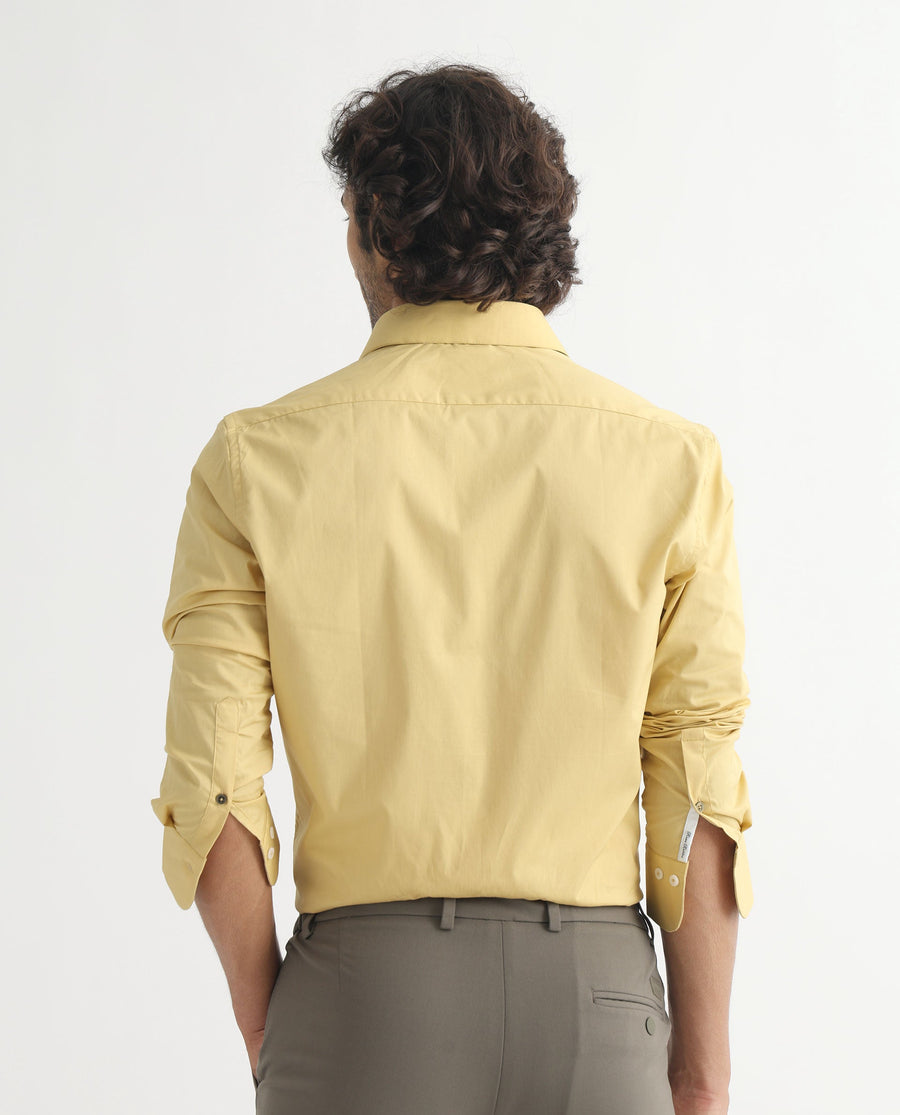 Rare Rabbit Men's Neutons Light Yellow Cotton Plain Regular Fit Full Sleeve Collared Shirt