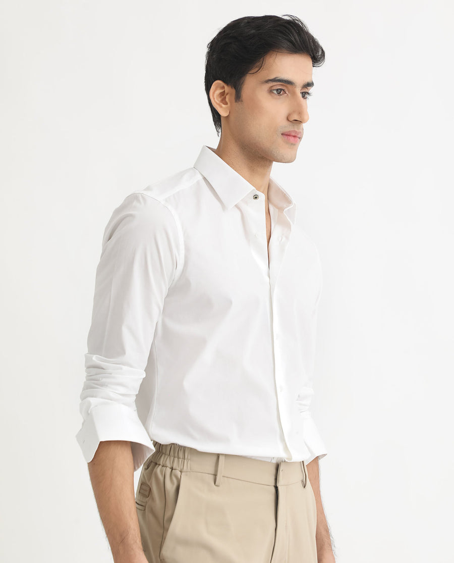 Rare Rabbit Men's Neutons White Cotton Plain Regular Fit Full Sleeve Collared Shirt