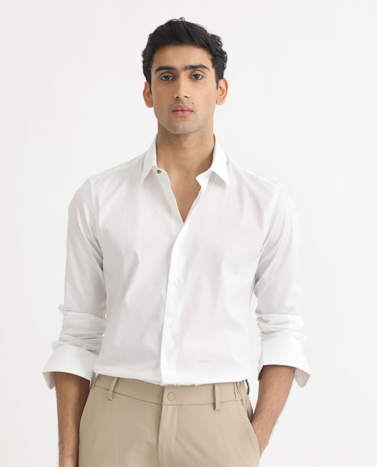 Rare Rabbit Men's Neutons White Cotton Plain Regular Fit Full Sleeve Collared Shirt