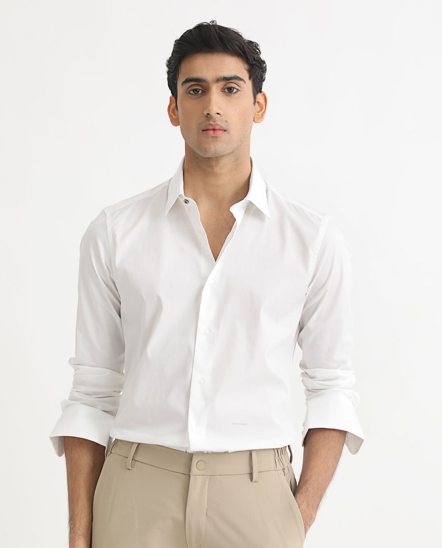 Rare Rabbit Men's Neutons White Cotton Plain Regular Fit Full Sleeve Collared Shirt