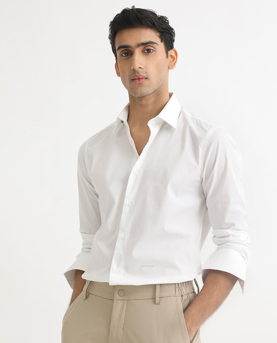 Rare Rabbit Men's Neutons White Cotton Plain Regular Fit Full Sleeve Collared Shirt