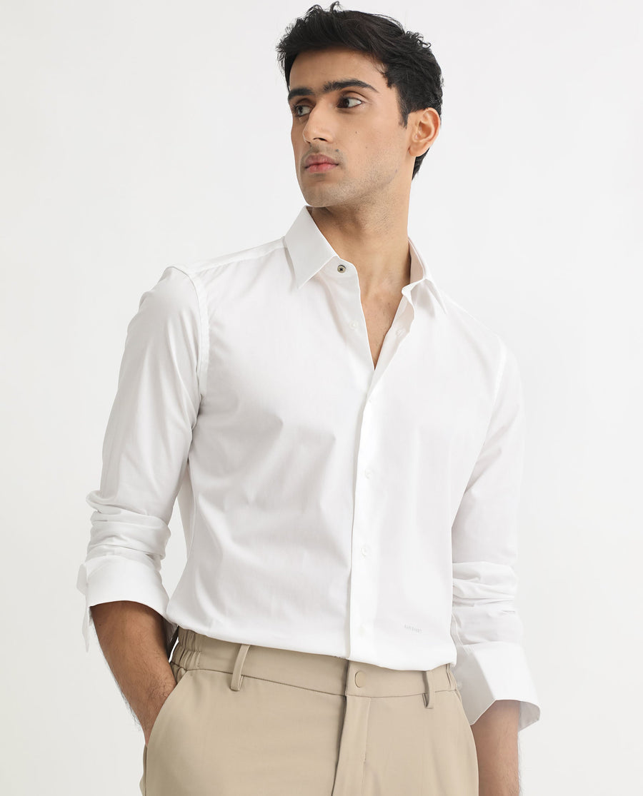 Rare Rabbit Men's Neutons White Cotton Plain Regular Fit Full Sleeve Collared Shirt
