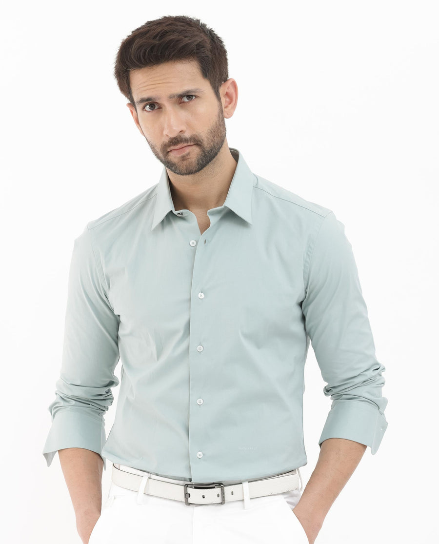 Rare Rabbit Men's Neutron8 Pastel Green Cotton Plain Regular Fit Full Sleeve Collared Shirt