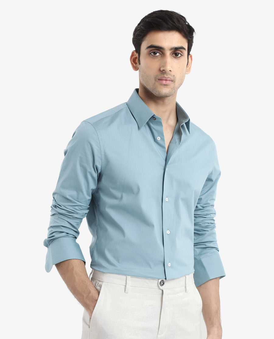 Rare Rabbit Men's Neutron-9 Turq Cotton Plain Regular Fit Full Sleeve Collared Shirt