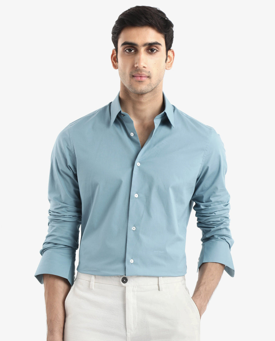 Rare Rabbit Men's Neutron-9 Turq Cotton Plain Regular Fit Full Sleeve Collared Shirt