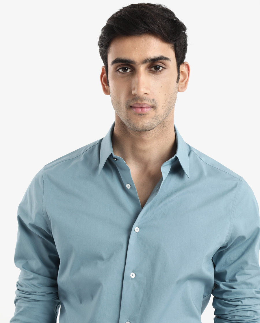 Rare Rabbit Men's Neutron-9 Turq Cotton Plain Regular Fit Full Sleeve Collared Shirt
