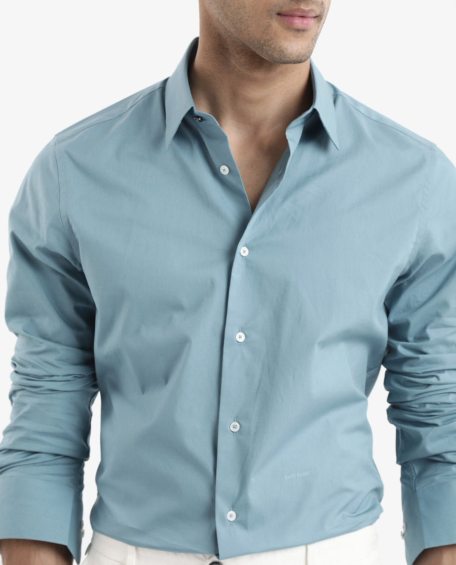 Rare Rabbit Men's Neutron-9 Turq Cotton Plain Regular Fit Full Sleeve Collared Shirt