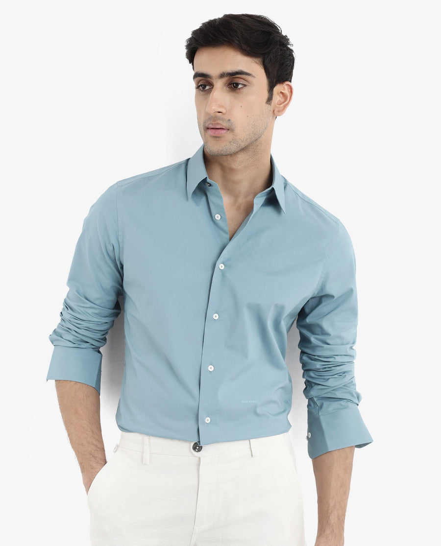 Rare Rabbit Men's Neutron-9 Turq Cotton Plain Regular Fit Full Sleeve Collared Shirt