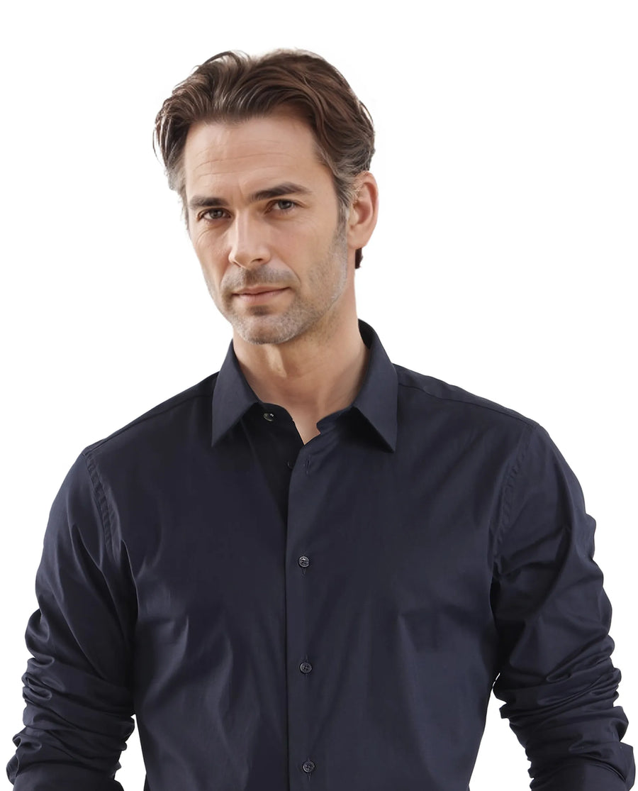 Rare Rabbit Men's Neutron-Uni Navy Cotton Plain Regular Fit Full Sleeve Collared Shirt