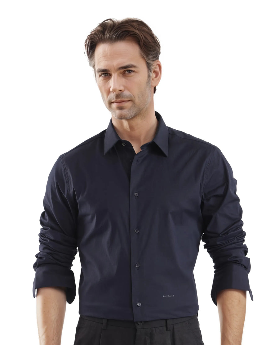 Rare Rabbit Men's Neutron-Uni Navy Cotton Plain Regular Fit Full Sleeve Collared Shirt