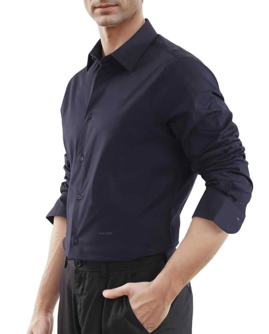 Rare Rabbit Men's Neutron-Uni Navy Cotton Plain Regular Fit Full Sleeve Collared Shirt