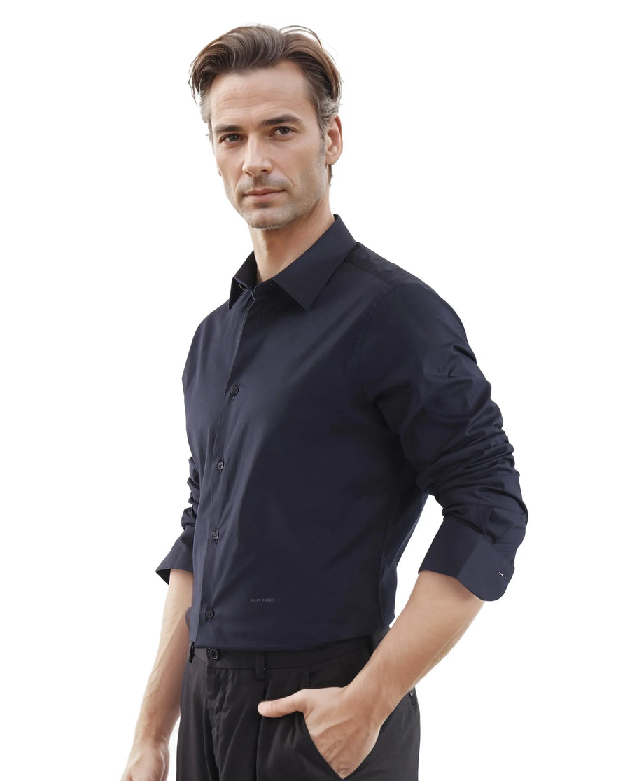 Rare Rabbit Men's Neutron-Uni Navy Cotton Plain Regular Fit Full Sleeve Collared Shirt