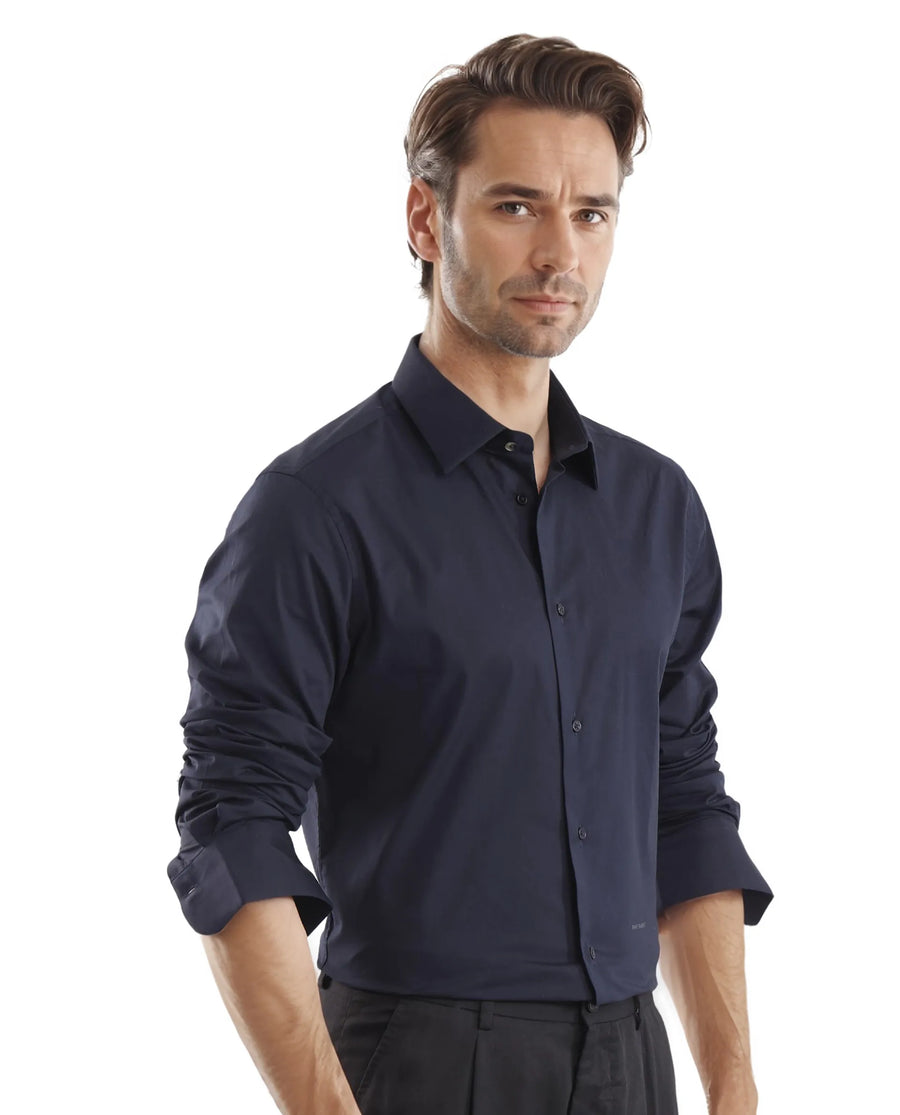 Rare Rabbit Men's Neutron-Uni Navy Cotton Plain Regular Fit Full Sleeve Collared Shirt