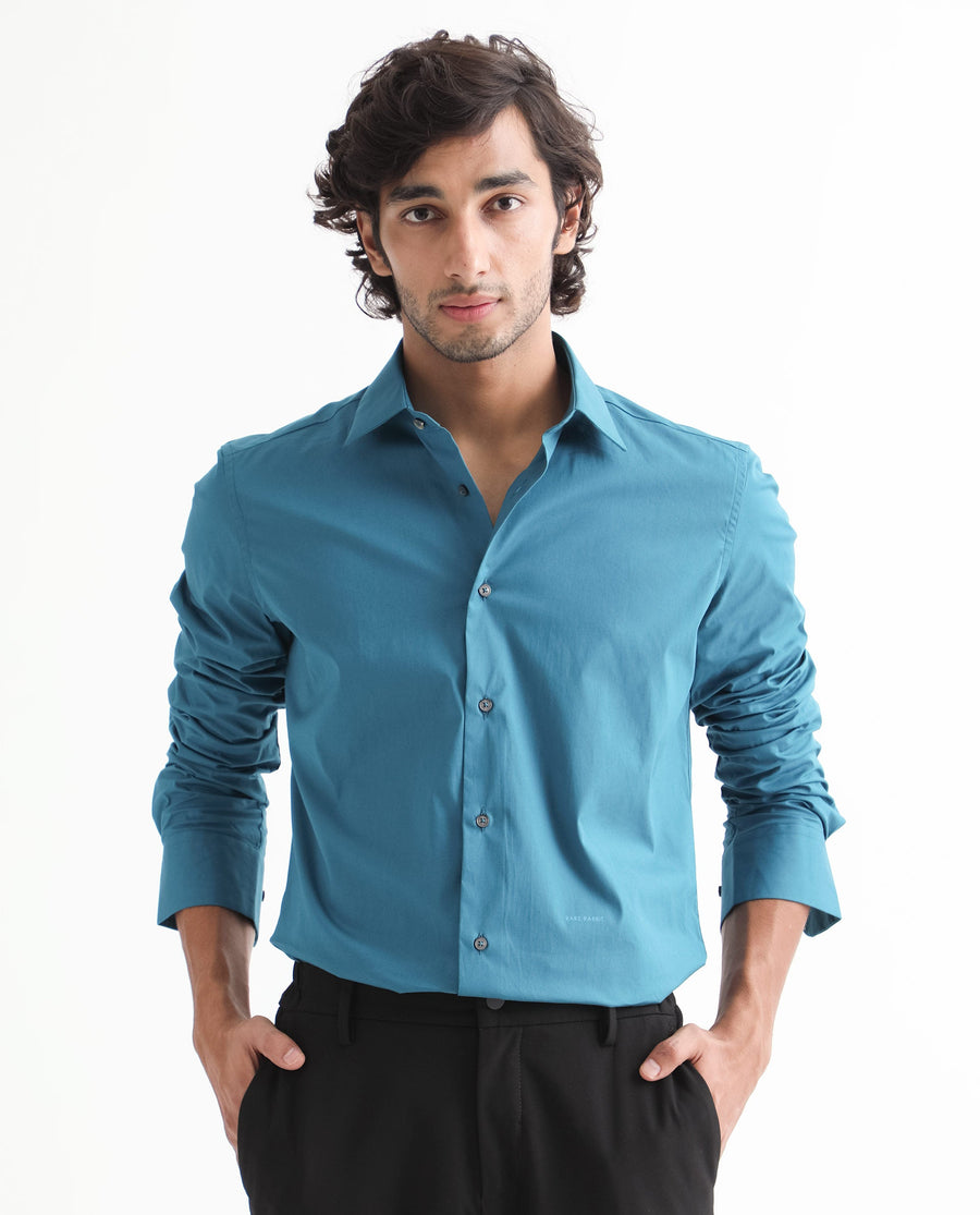 Rare Rabbit Men's Neutronss Petrol Cotton Plain Tailored Fit Full Sleeve Collared Shirt