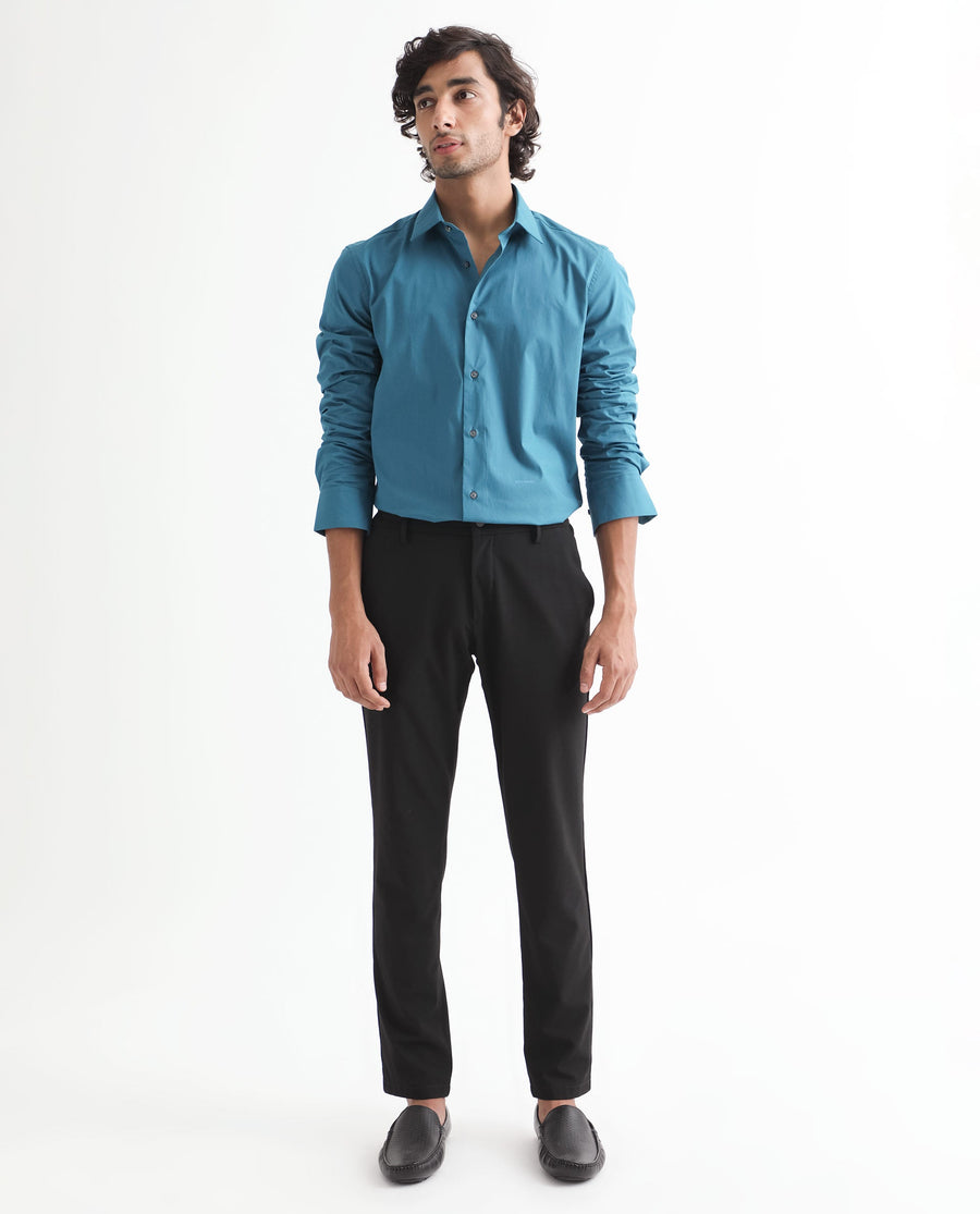 Rare Rabbit Men's Neutronss Petrol Cotton Plain Tailored Fit Full Sleeve Collared Shirt