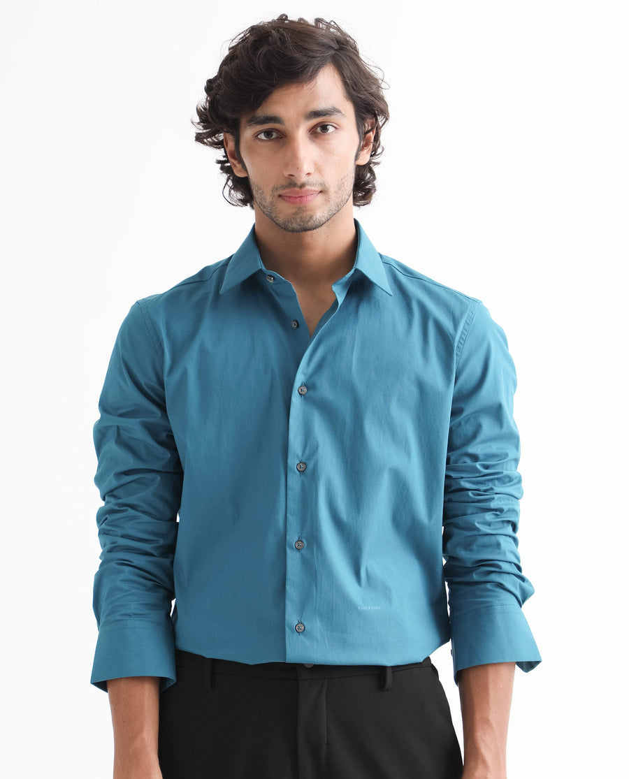 Rare Rabbit Men's Neutronss Petrol Cotton Plain Tailored Fit Full Sleeve Collared Shirt