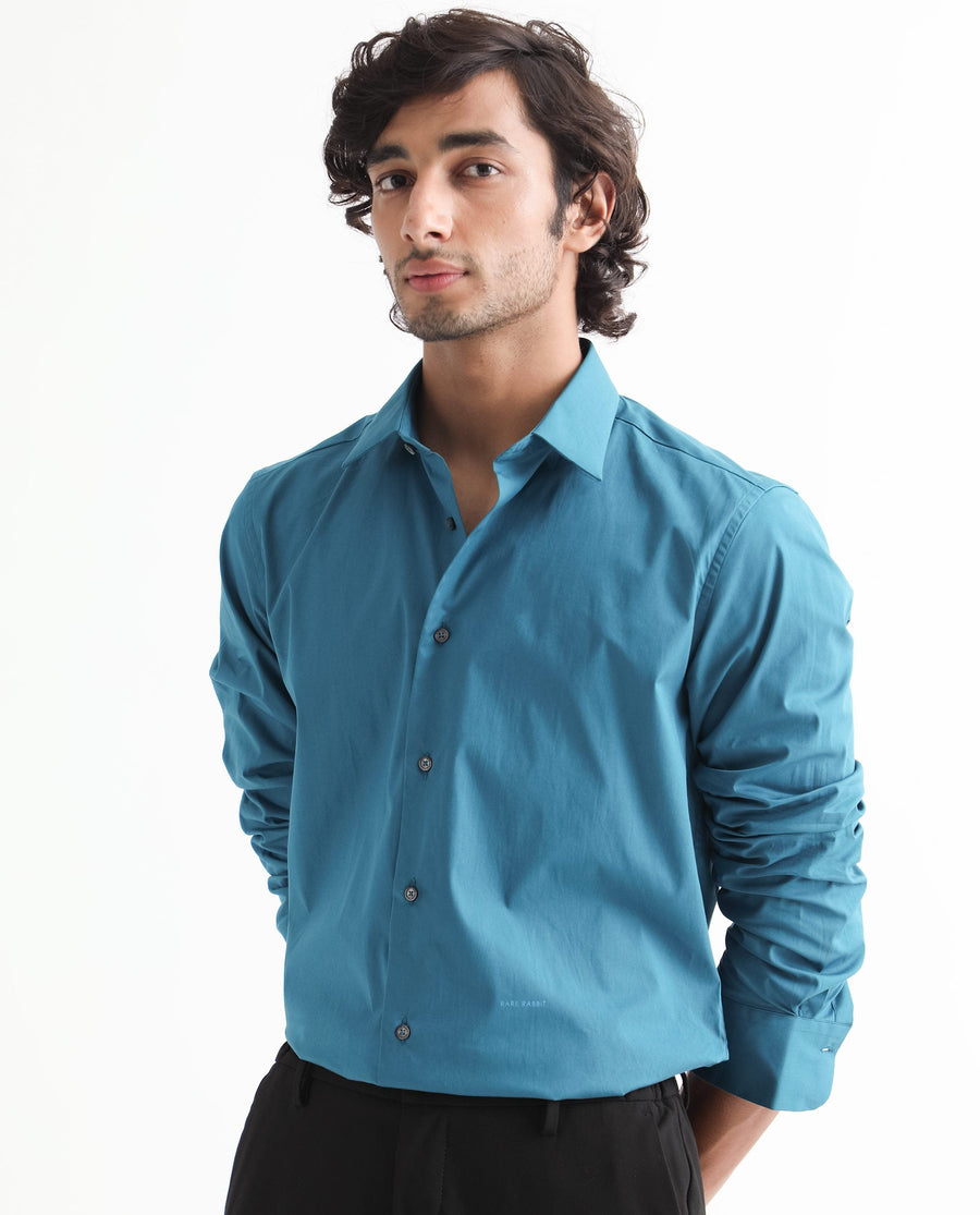 Rare Rabbit Men's Neutronss Petrol Cotton Plain Tailored Fit Full Sleeve Collared Shirt
