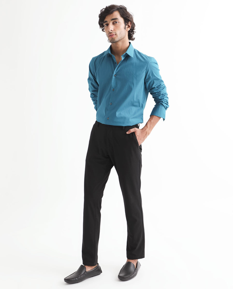 Rare Rabbit Men's Neutronss Petrol Cotton Plain Tailored Fit Full Sleeve Collared Shirt