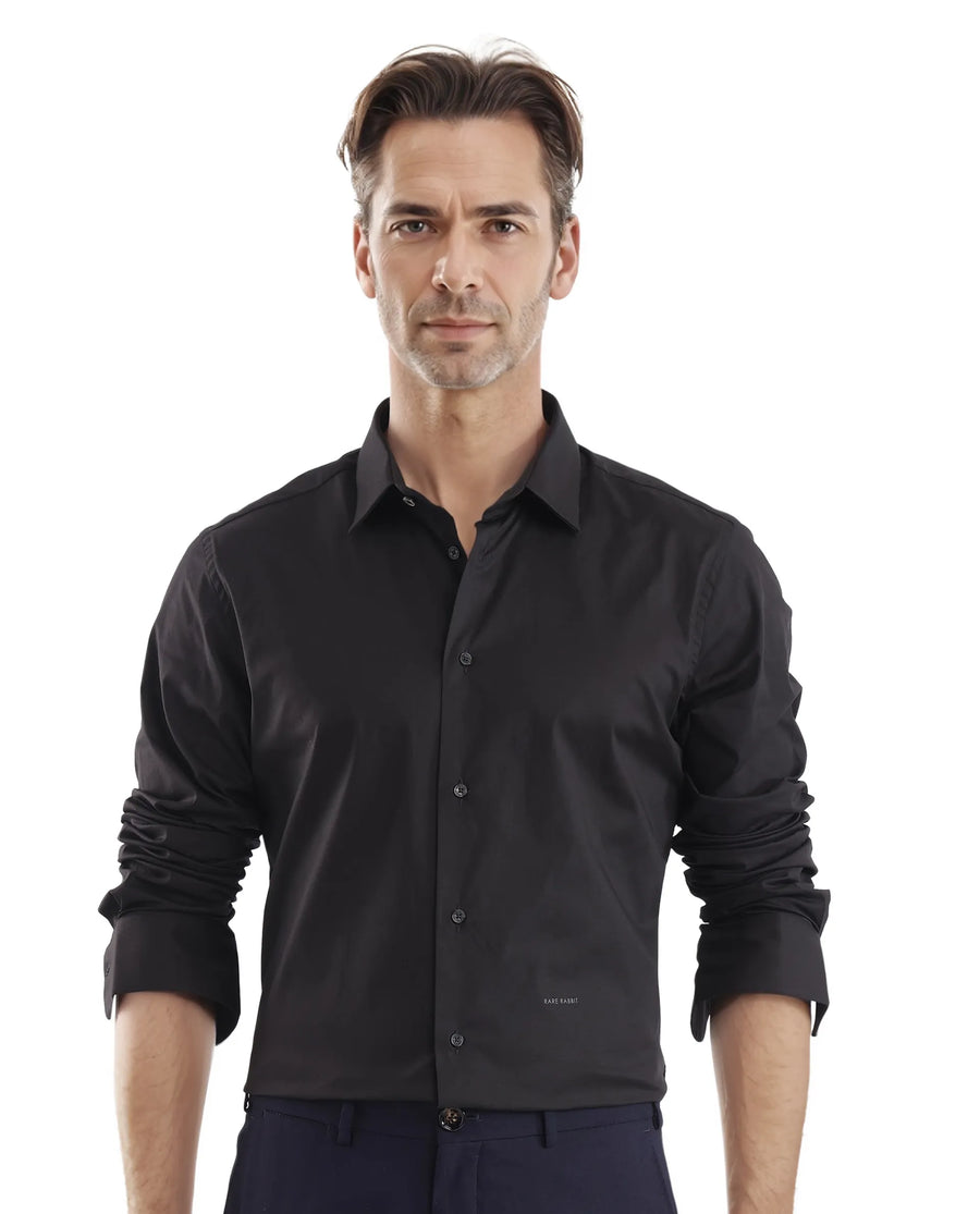 Rare Rabbit Men's Neutron-Uni Black Cotton Plain Regular Fit Full Sleeve Collared Shirt