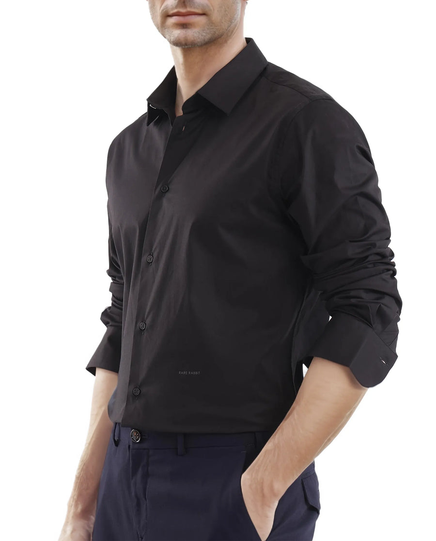 Rare Rabbit Men's Neutron-Uni Black Cotton Plain Regular Fit Full Sleeve Collared Shirt