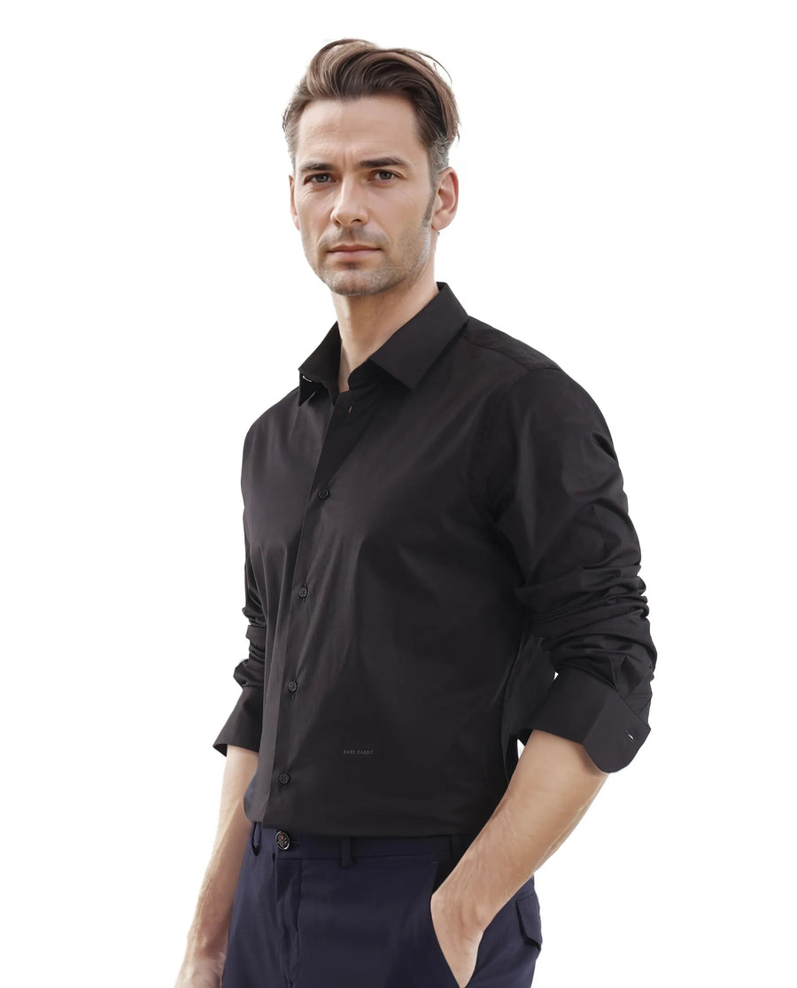 Rare Rabbit Men's Neutron-Uni Black Cotton Plain Regular Fit Full Sleeve Collared Shirt