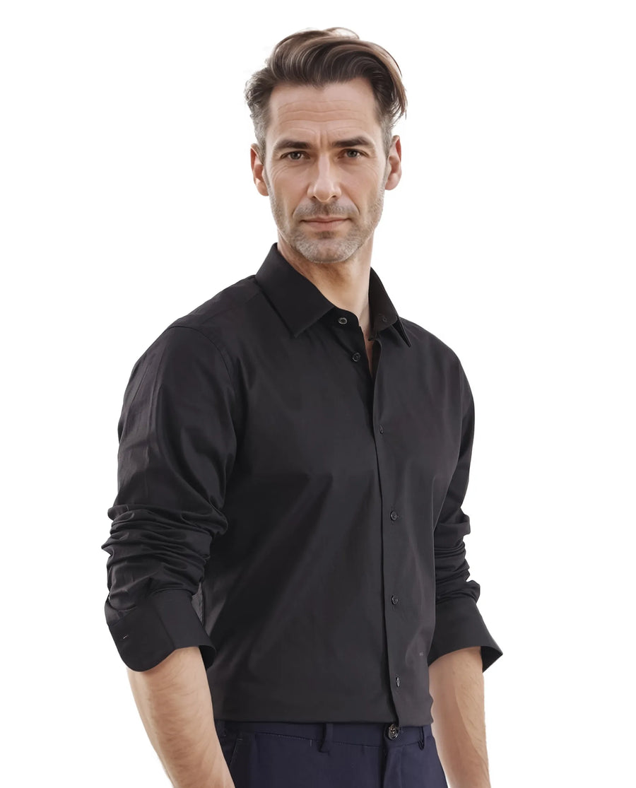 Rare Rabbit Men's Neutron-Uni Black Cotton Plain Regular Fit Full Sleeve Collared Shirt