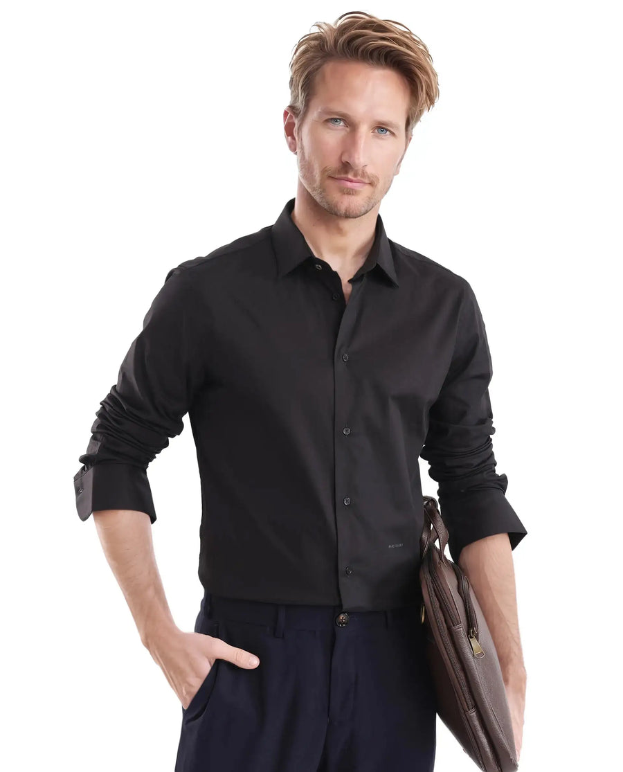 Rare Rabbit Men's Neutron-Uni Black Cotton Plain Regular Fit Full Sleeve Collared Shirt