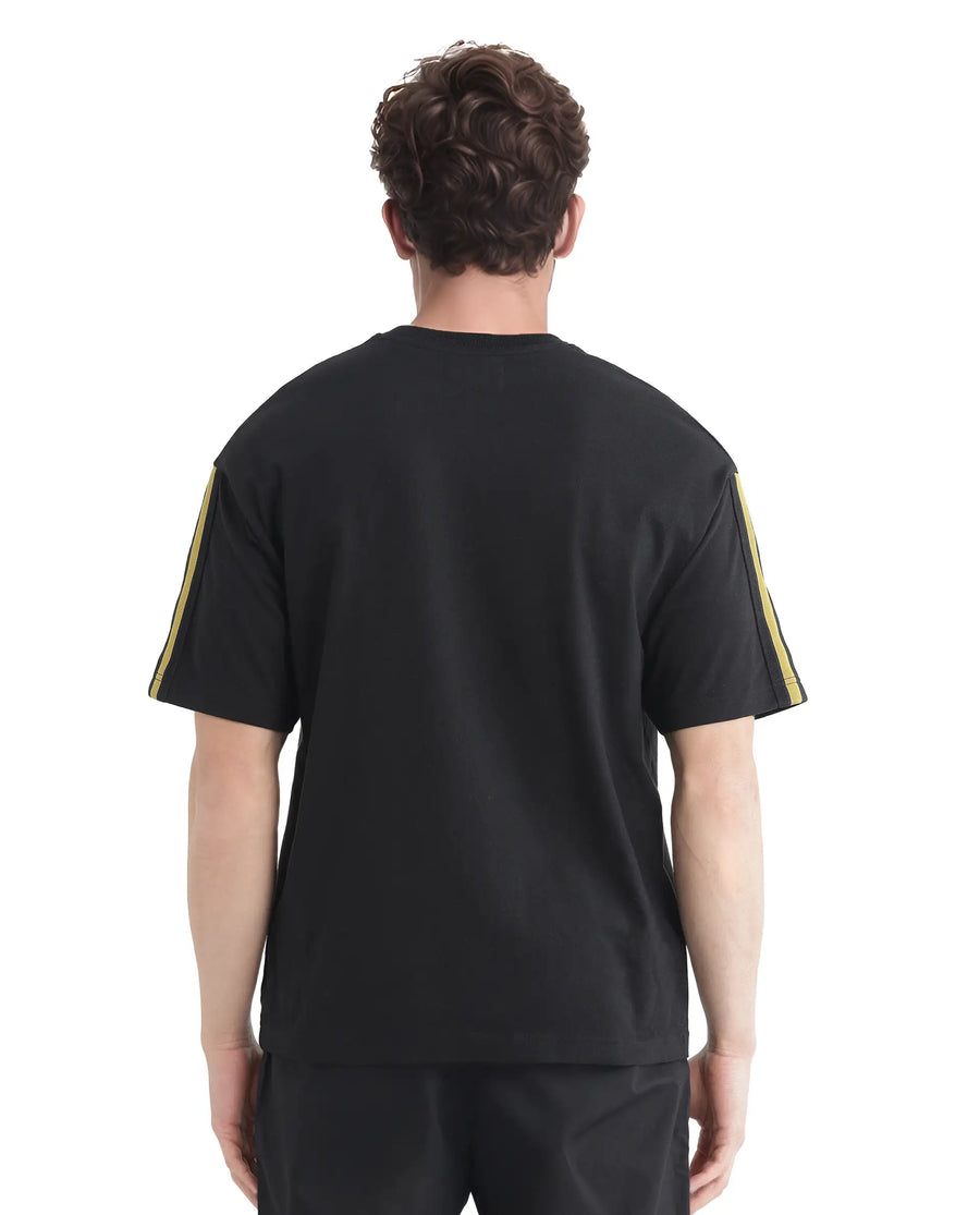 Rare Rabbit Men's Newnon-T Black Cotton Printed Boxy Fit Half Sleeve Crew Neck T-Shirt