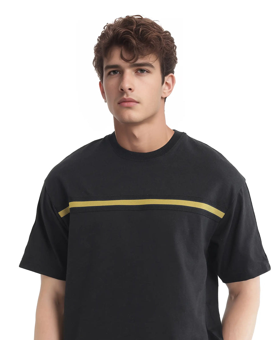 Rare Rabbit Men's Newnon-T Black Cotton Printed Boxy Fit Half Sleeve Crew Neck T-Shirt