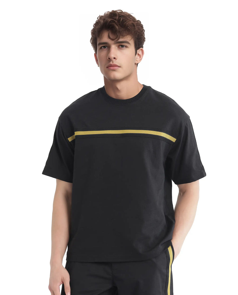 Rare Rabbit Men's Newnon-T Black Cotton Printed Boxy Fit Half Sleeve Crew Neck T-Shirt