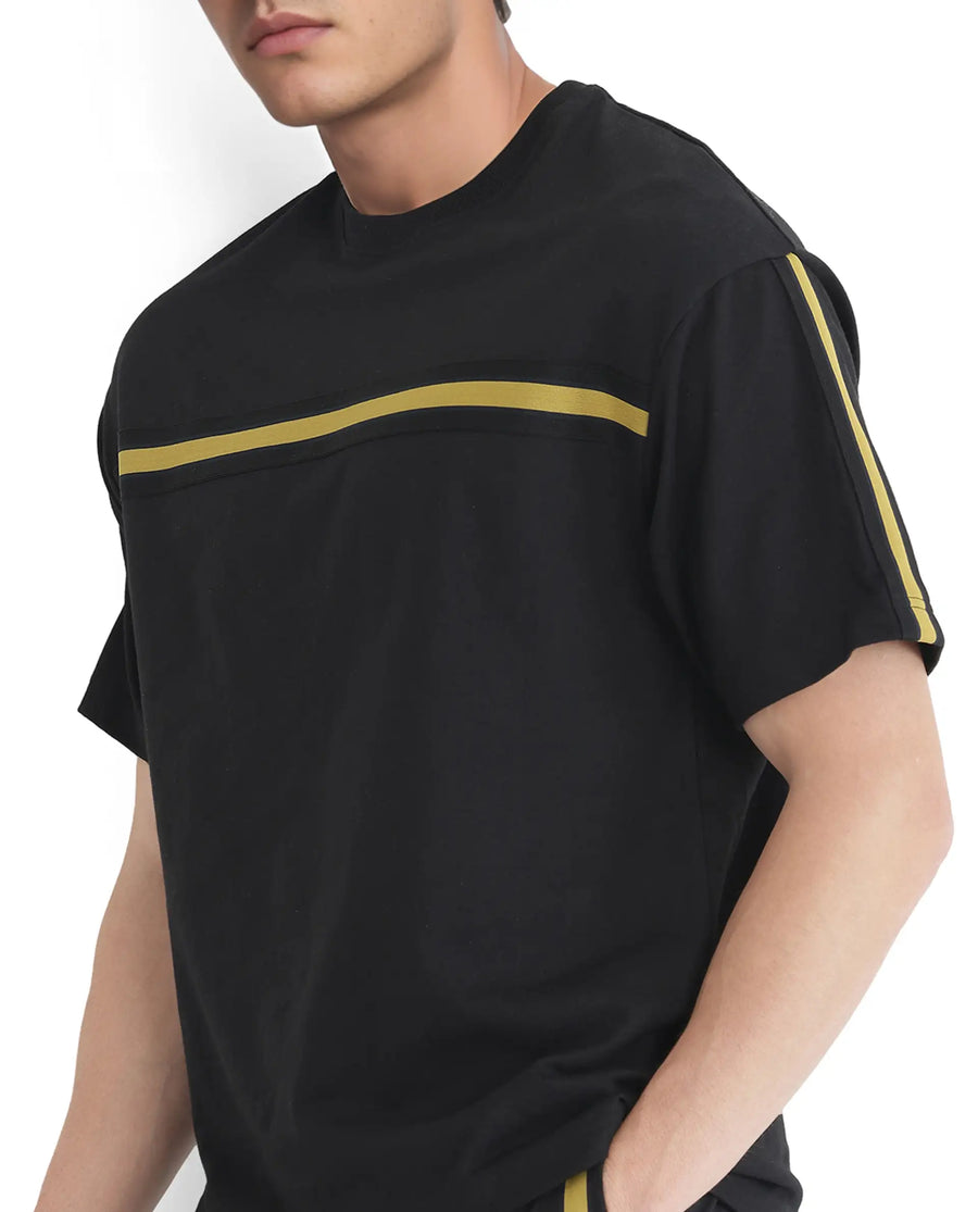 Rare Rabbit Men's Newnon-T Black Cotton Printed Boxy Fit Half Sleeve Crew Neck T-Shirt