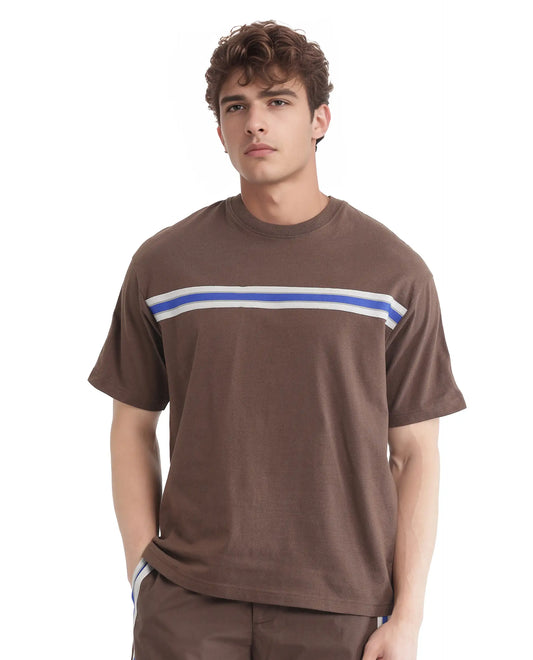 Rare Rabbit Men's Newnon-T Brown Cotton Printed Boxy Fit Half Sleeve Crew Neck T-Shirt