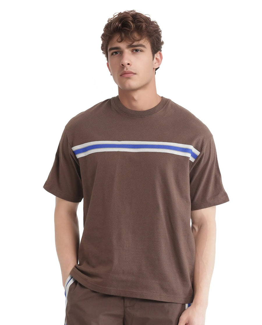Rare Rabbit Men's Newnon-T Brown Cotton Printed Boxy Fit Half Sleeve Crew Neck T-Shirt