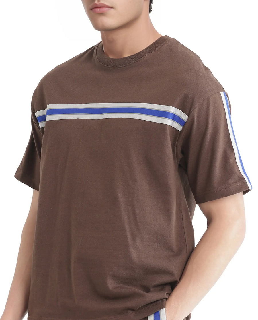 Rare Rabbit Men's Newnon-T Brown Cotton Printed Boxy Fit Half Sleeve Crew Neck T-Shirt