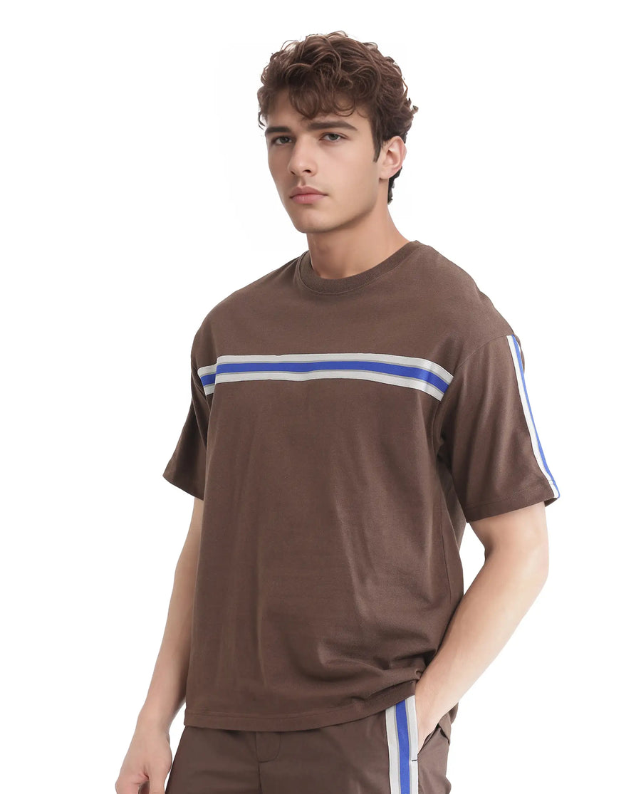 Rare Rabbit Men's Newnon-T Brown Cotton Printed Boxy Fit Half Sleeve Crew Neck T-Shirt