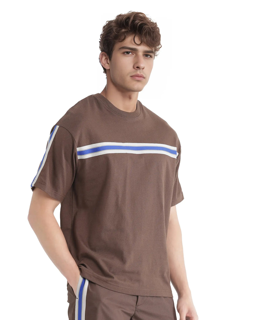 Rare Rabbit Men's Newnon-T Brown Cotton Printed Boxy Fit Half Sleeve Crew Neck T-Shirt
