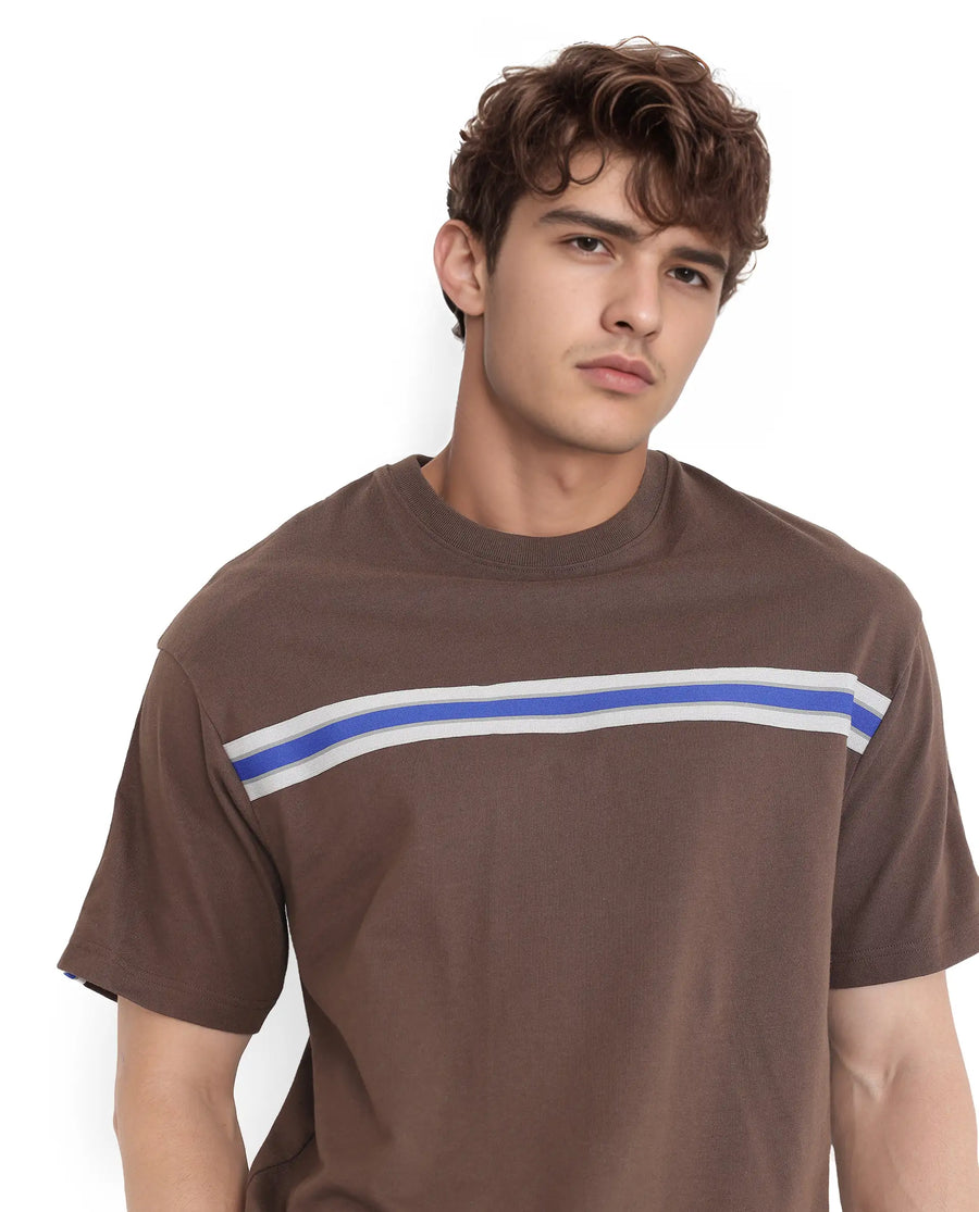 Rare Rabbit Men's Newnon-T Brown Cotton Printed Boxy Fit Half Sleeve Crew Neck T-Shirt