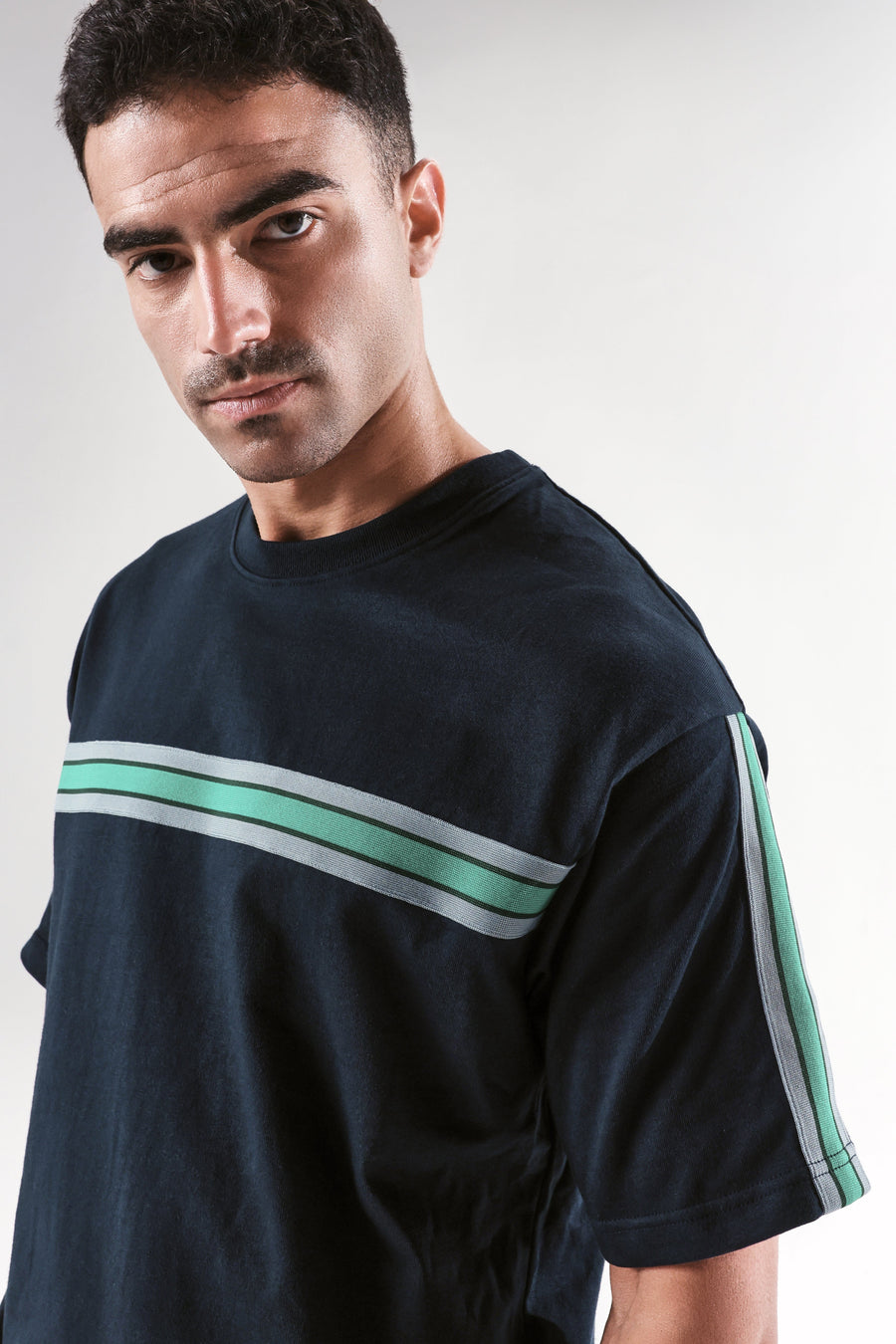 Rare Rabbit Men's Newnon-T Navy Cotton Boxy Fit Half Sleeve Crew Neck T-Shirt