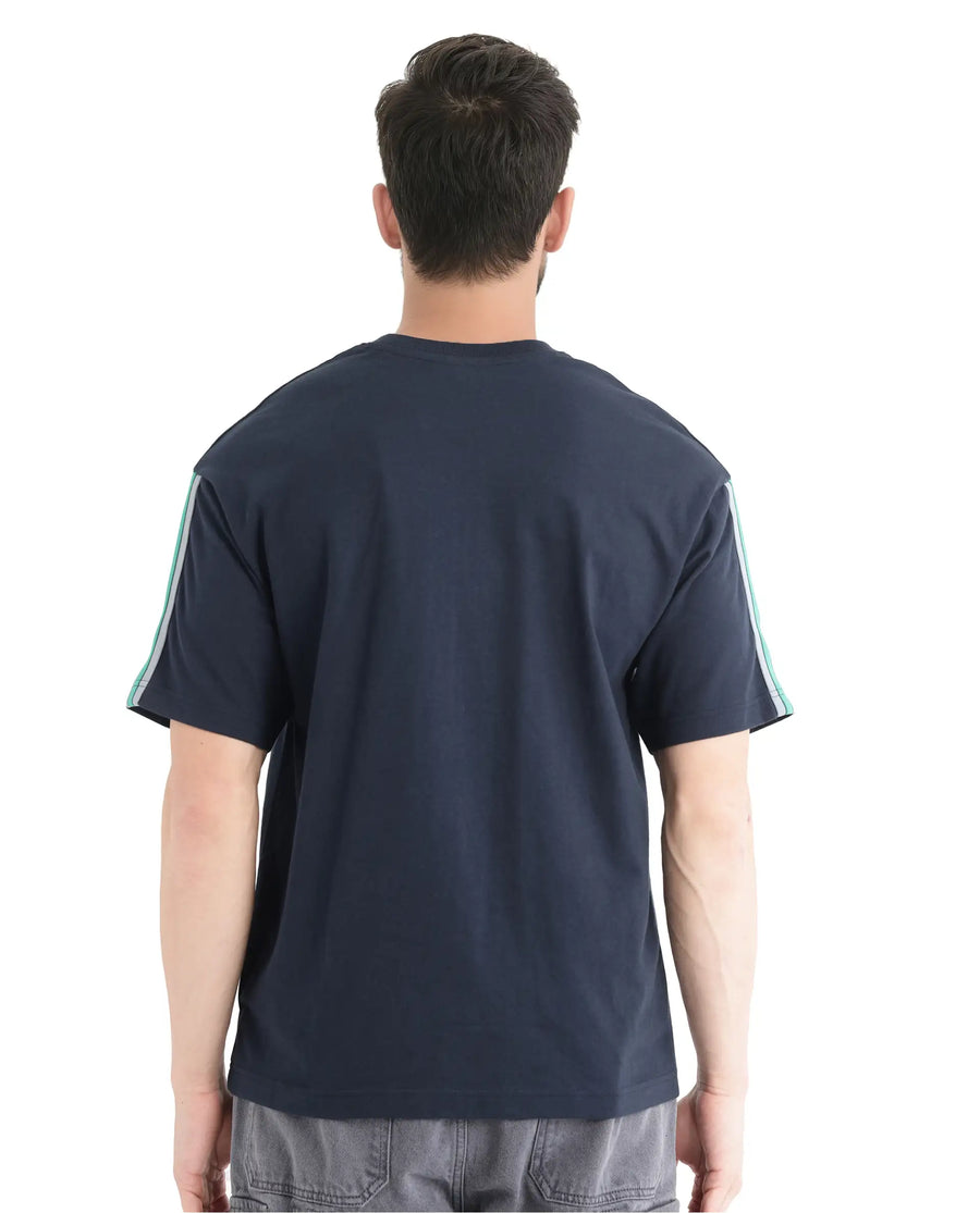 Rare Rabbit Men's Newnon-T Navy Cotton Boxy Fit Half Sleeve Crew Neck T-Shirt