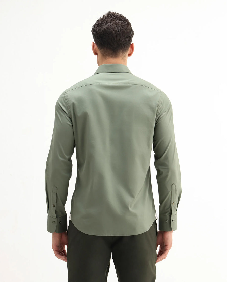 Rare Rabbit Men's Newton 25 Olive Cotton Blend Plain Regular Fit Full Sleeve Collared Shirt