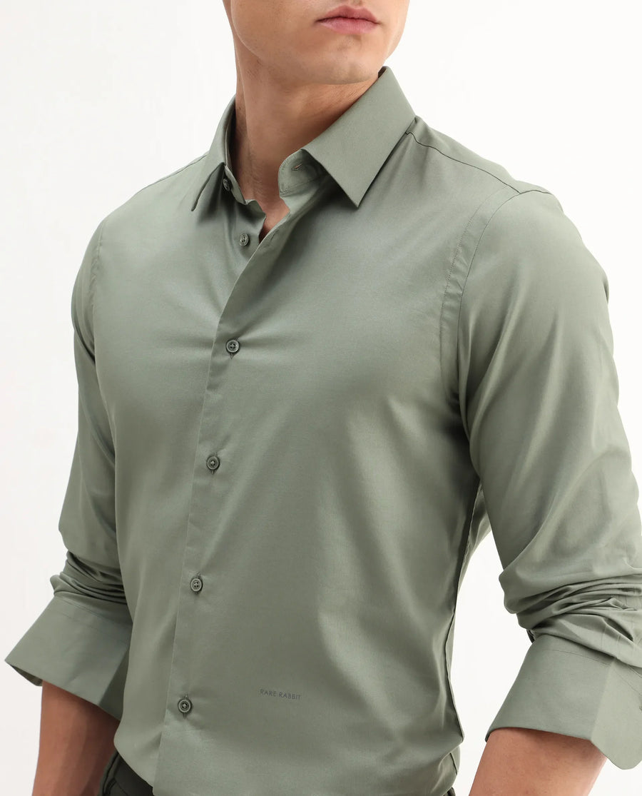 Rare Rabbit Men's Newton 25 Olive Cotton Blend Plain Regular Fit Full Sleeve Collared Shirt