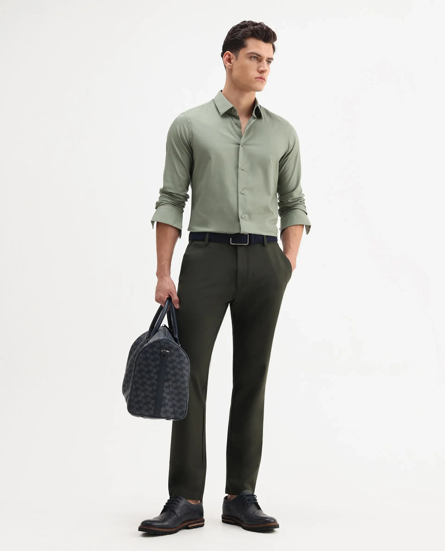 Rare Rabbit Men's Newton 25 Olive Cotton Blend Plain Regular Fit Full Sleeve Collared Shirt