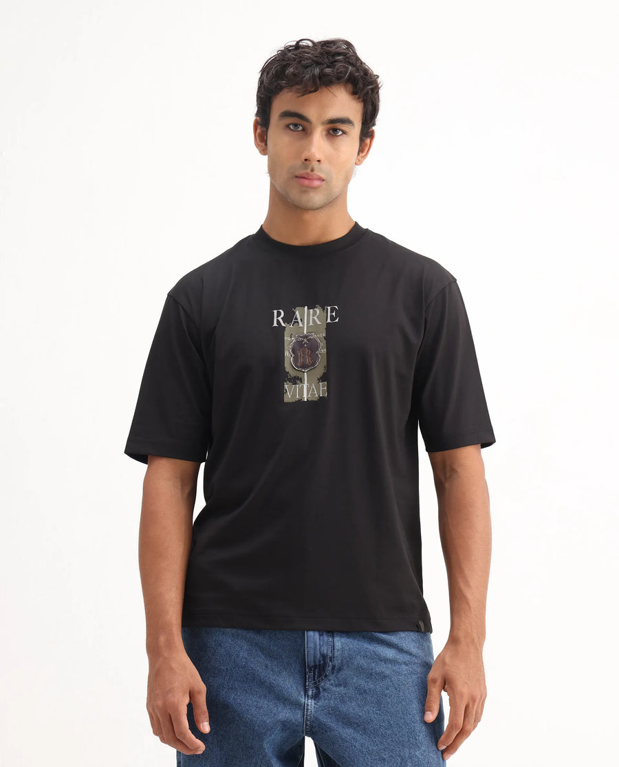 Rare Rabbit Men's Nexat Black Cotton Blend Graphic Print Regular Fit Half Sleeve Crew Neck T-Shirt
