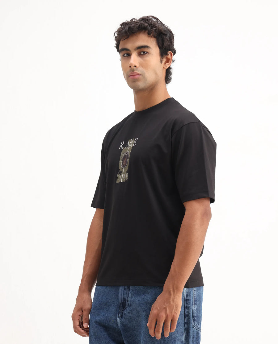 Rare Rabbit Men's Nexat Black Cotton Blend Graphic Print Regular Fit Half Sleeve Crew Neck T-Shirt