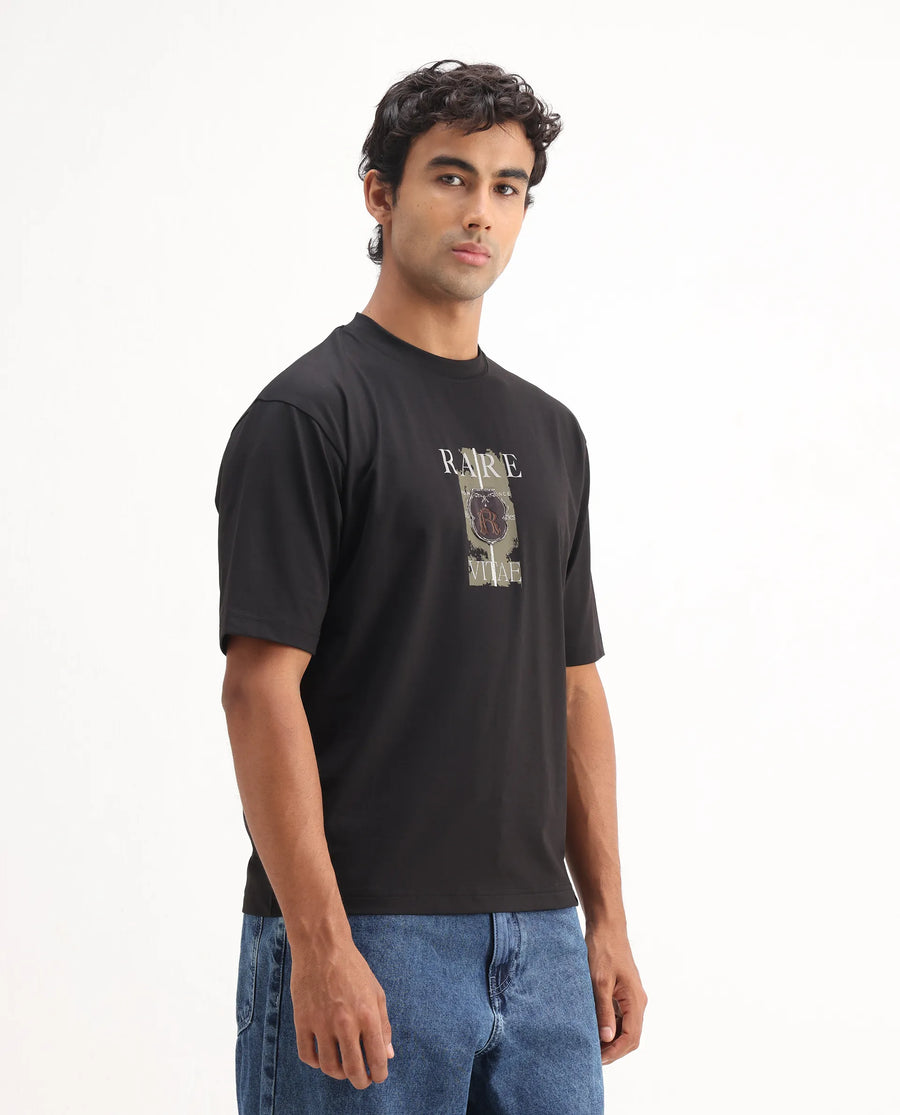 Rare Rabbit Men's Nexat Black Cotton Blend Graphic Print Regular Fit Half Sleeve Crew Neck T-Shirt