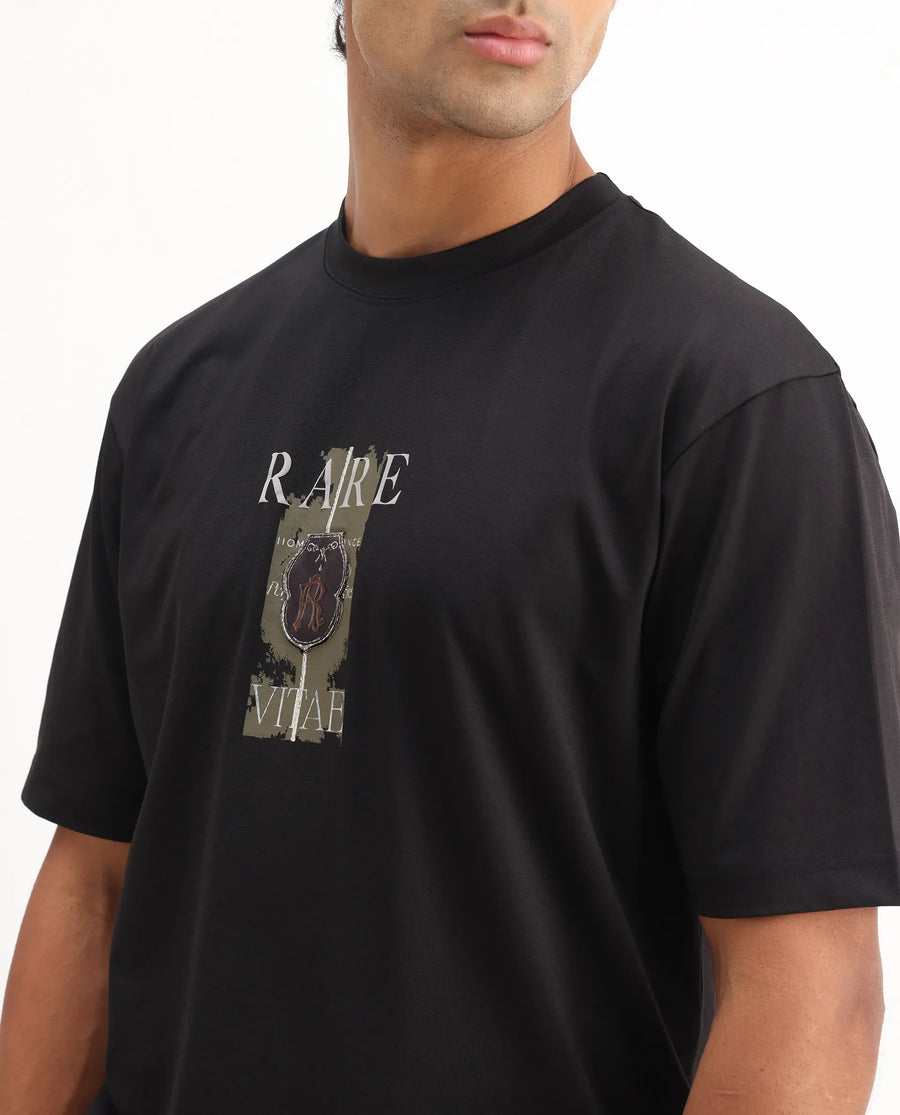 Rare Rabbit Men's Nexat Black Cotton Blend Graphic Print Regular Fit Half Sleeve Crew Neck T-Shirt