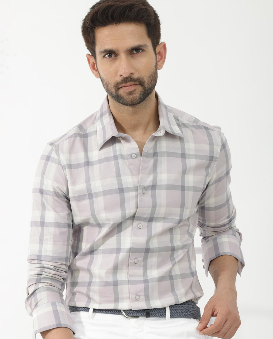 Rare Rabbit Men's Dusky Dusky Purple Cotton Checked Print Regular Fit Full Sleeve Collared Shirt