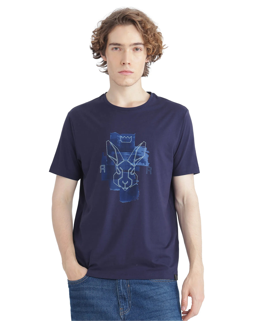 Rare Rabbit Men's Nexi Blue Cotton Blend Graphic Print Regular Fit Half Sleeve Crew Neck T-Shirt